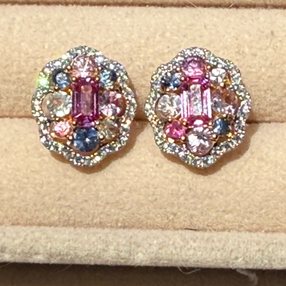 Natural Pink Sapphire . Colour Sapphire and diamond earrings in 18 k solid gold